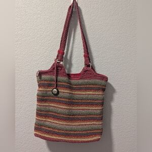The Sak Belle Crochet Tote Striped Boho Hippie Hobo Bag Purse